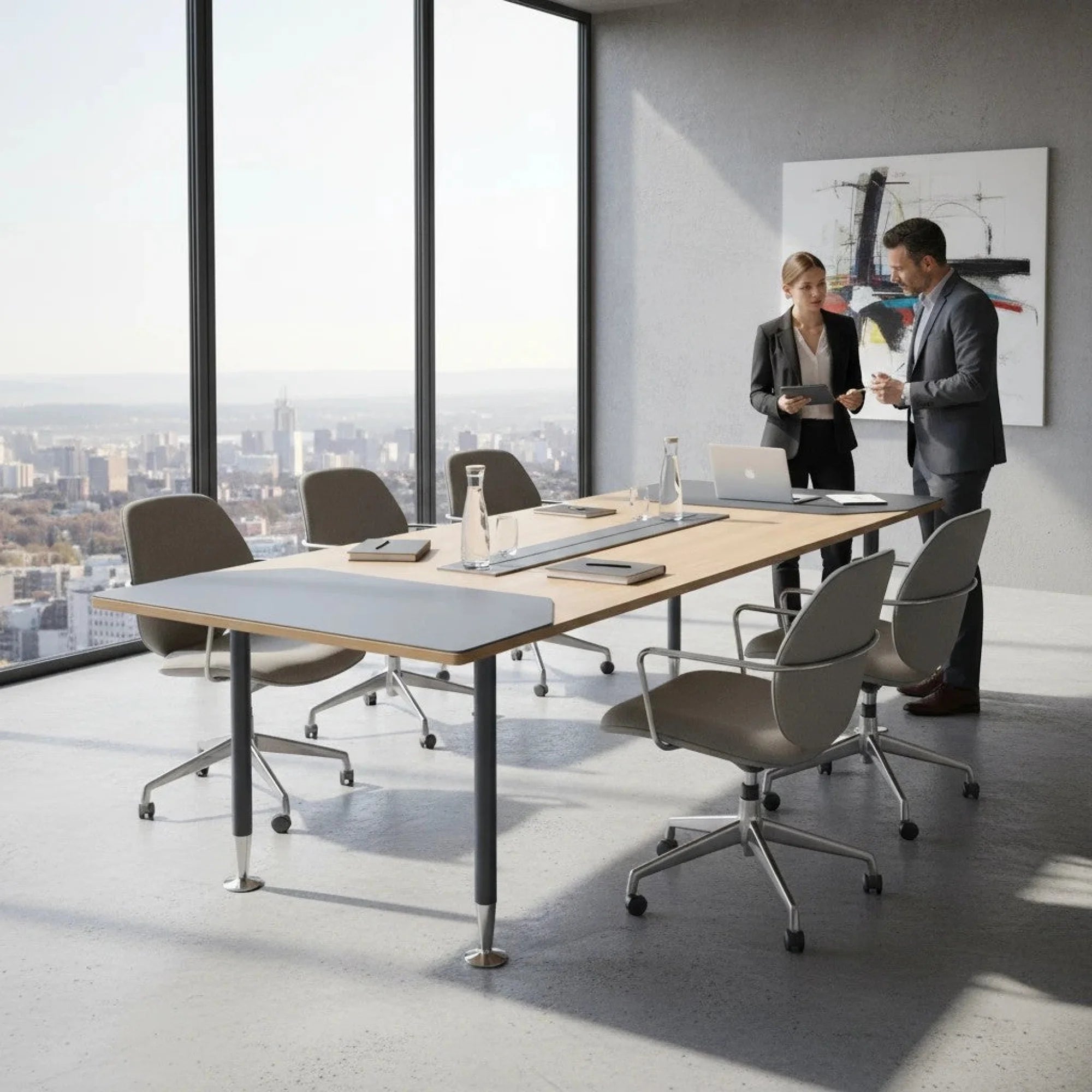 İstanbul Ofis Mobilya Bochum toplantı masası, ahşap ve gri yüzeyli, modern ofisler için ideal.