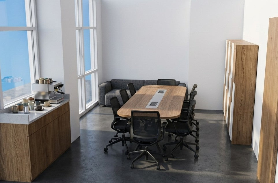 İstanbul Ofis Mobilya Dudullu OSB okul projesi için ahşap toplantı masası, siyah ofis sandalyeleri ve dolaplar