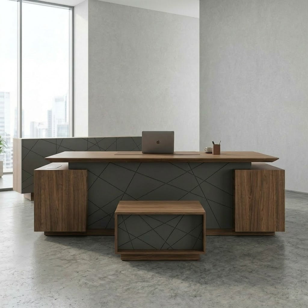 İstanbul Ofis Mobilya Alesta modern yönetici çalışma masası takımı, ceviz ve antrasit gri renkli geometrik tasarımlı.