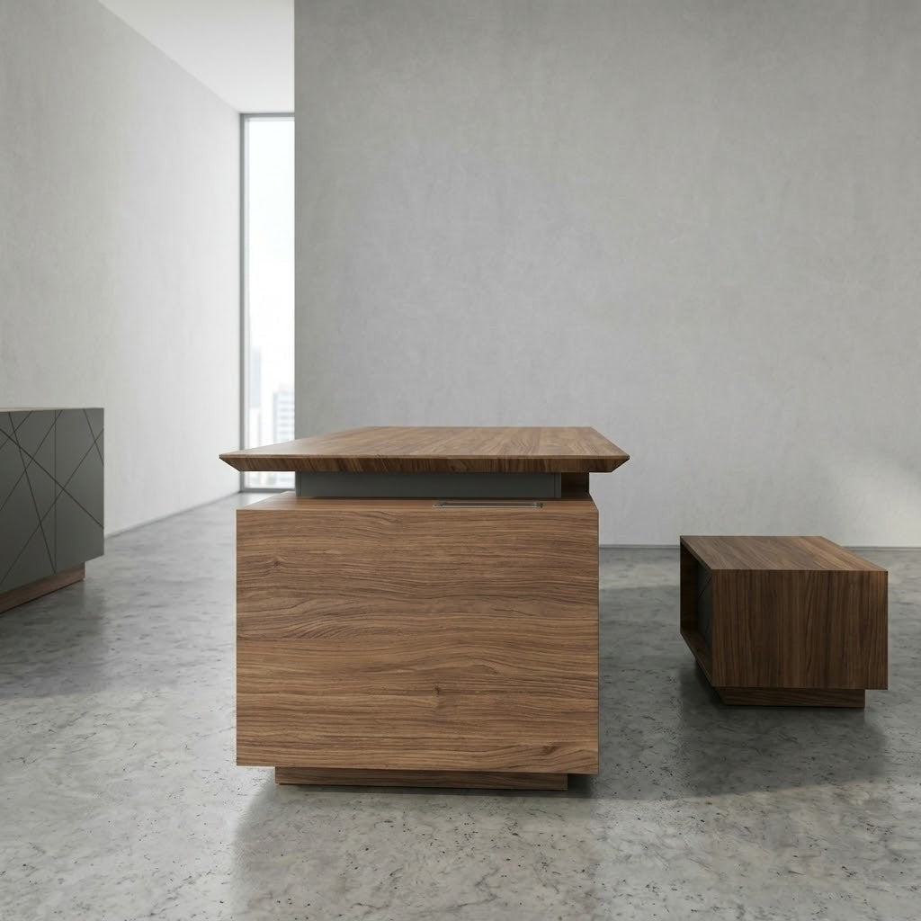 İstanbul Ofis Mobilya Alesta modern ceviz ve antrasit yönetici çalışma masası takımı, minimalist ofis tasarımı.