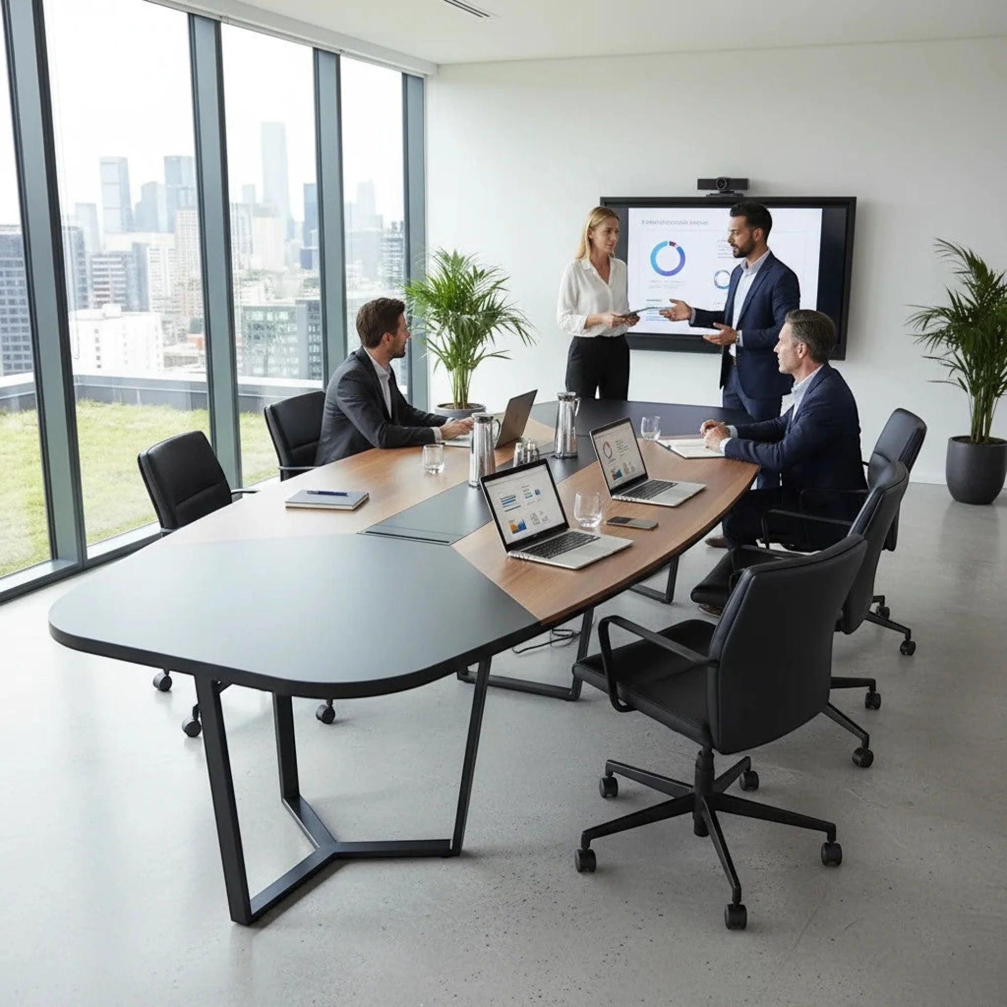 İstanbul Ofis Mobilya marka antrasit ve ahşap detaylı 355x150cm büyük oval modern toplantı masası